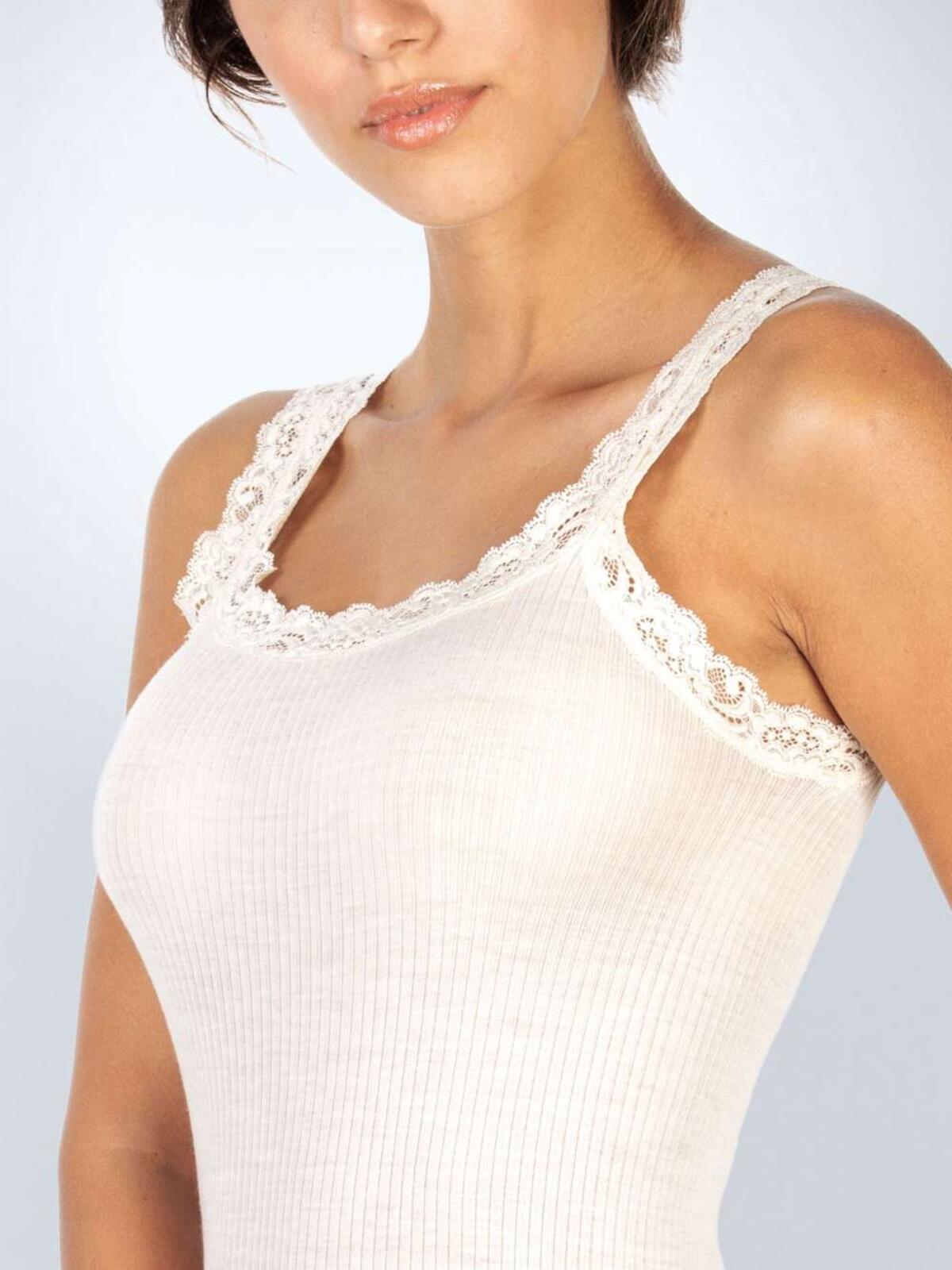 Women's tank top with shoulder strap in ribbed wool and silk lace