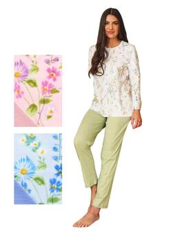 Pigiama donna manica lunga a serafino in jersey di cotone Linclalor 75381 