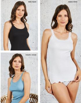 Women&#39;s medium shoulder tank top in ribbed cotton and lace Esse Speroni S5201 