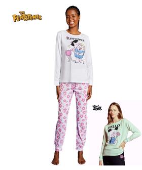 Pigiama donna a manica lunga in jersey di cotone Hello Spank e The Flinstones SFD3834 