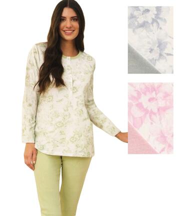 Pigiama donna manica lunga a serafino in jersey di cotone Linclalor 75481