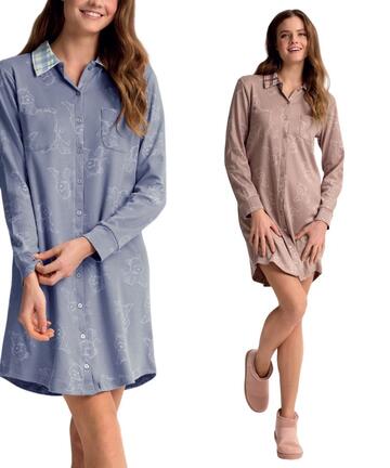 Camicia da notte aperta in jersey di cotone caldo Infiore Doggie Check DGG634598
