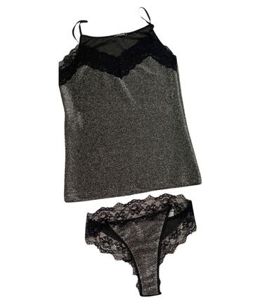 Completo donna con top in tessuto jaquard lurex e pizzo con brasiliana Intimami ID1526