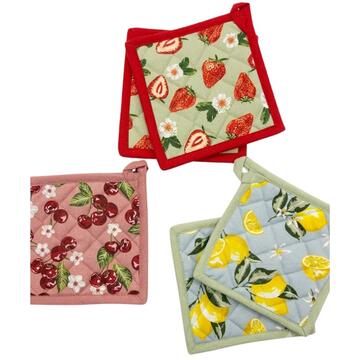 Set da cucina composto da 2 presine a fantasia realizzate in cotone.Misure: 18X18 cm