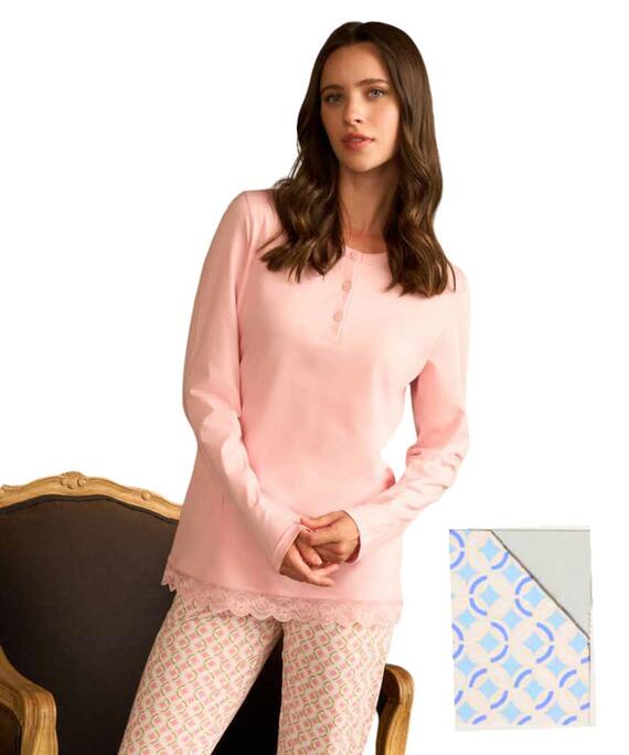 Pigiama donna manica lunga a serafino in jersey di cotone Linclalor 75446