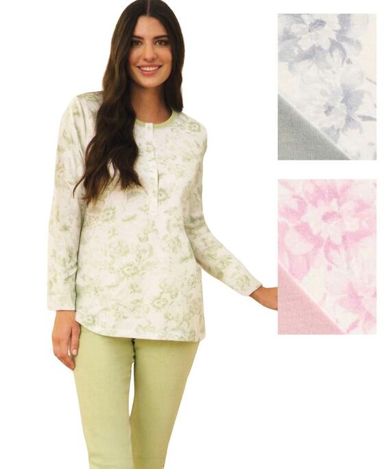 Pigiama donna manica lunga a serafino in jersey di cotone Linclalor 75481