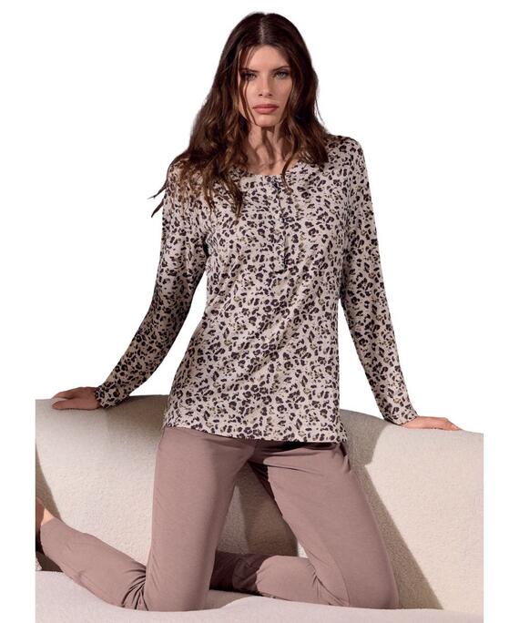 Pigiama donna a manica lunga in viscosa stampata Lormar Feline FEL654072