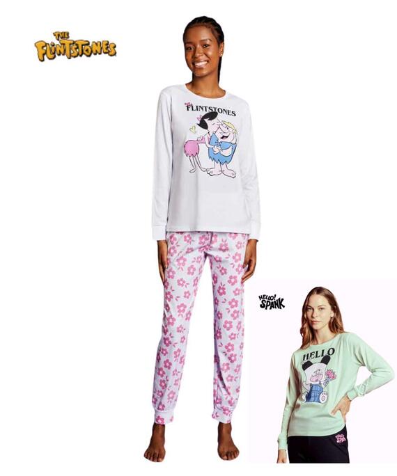 Pigiama donna a manica lunga in jersey di cotone Hello Spank e The Flinstones SFD3834