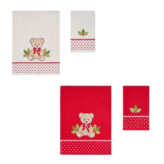 Set 1 asciugamano + 1 ospite realizzati in morbida spugna con ricamo natalizio.Colori: Assortito